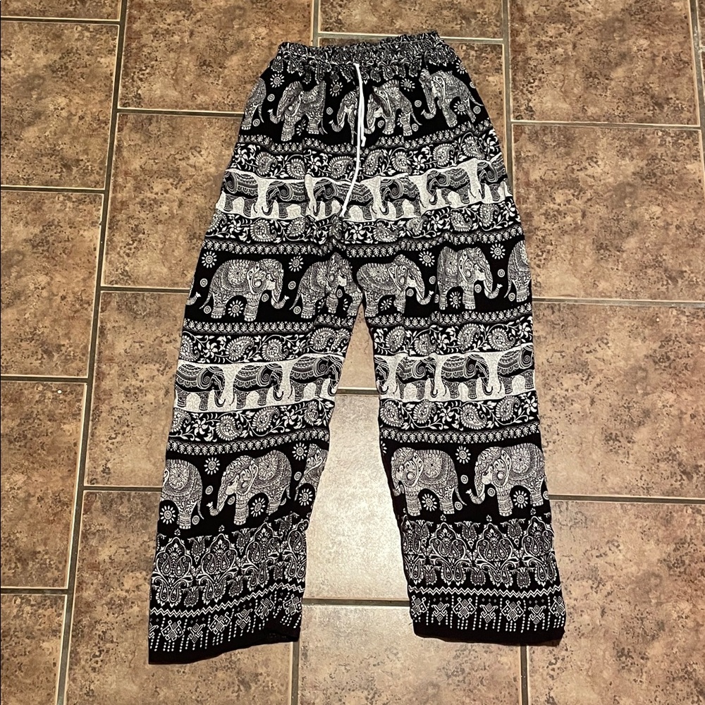 Elephant Print Black and White Pants